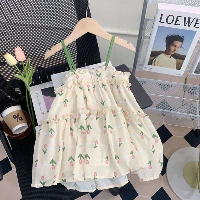 ベビー服  チューリップ柄フリルベビードレス