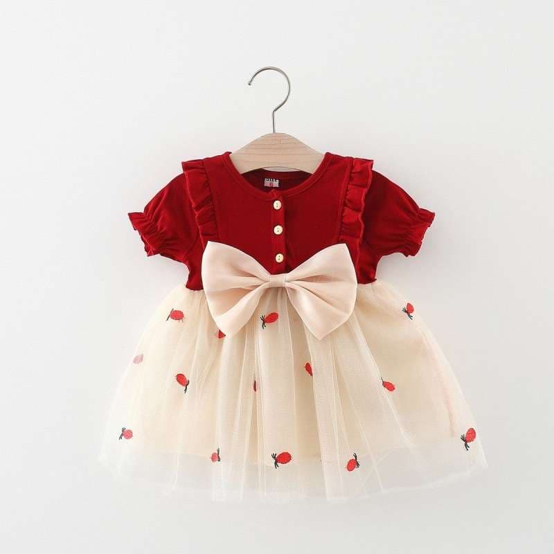 ベビー服  いちご柄チュールスカートのベビードレス