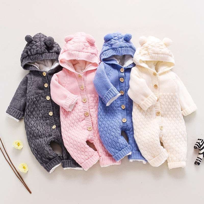 ベビー服  ふわもこ耳付きニットロンパース