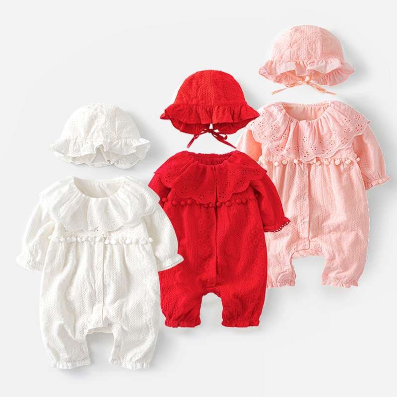 ベビー服 レース襟付き新生児帽子付きドレス