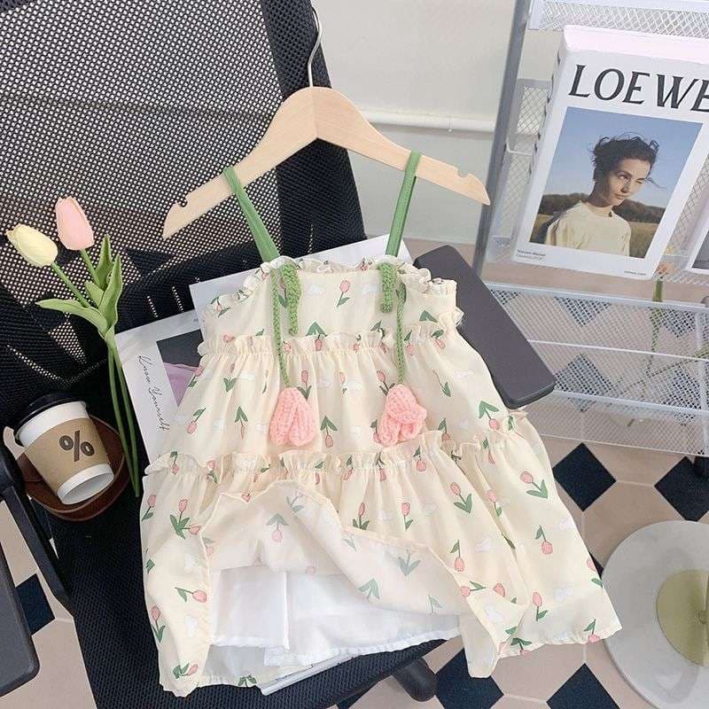 ベビー服  チューリップ柄フリルベビードレス