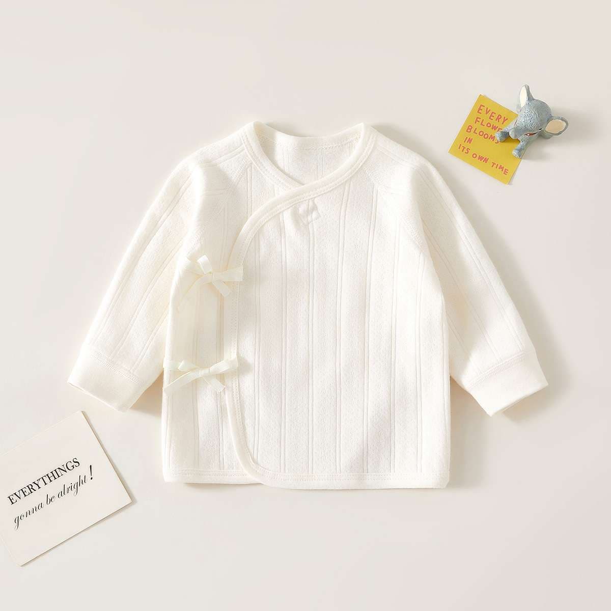 ベビー服  新生児用リボン付き前開きニット肌着