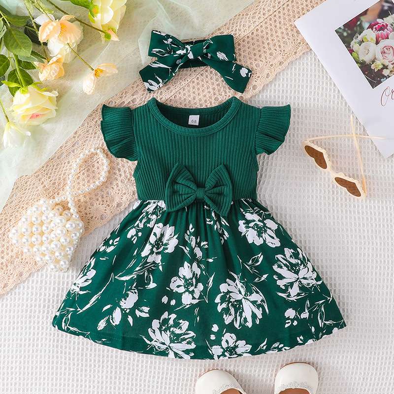 ベビー服  フラワープリント リボン付きベビーワンピース