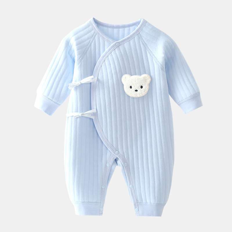 ベビー服  クマさんアップリケ付きリブ赤ちゃんロンパース