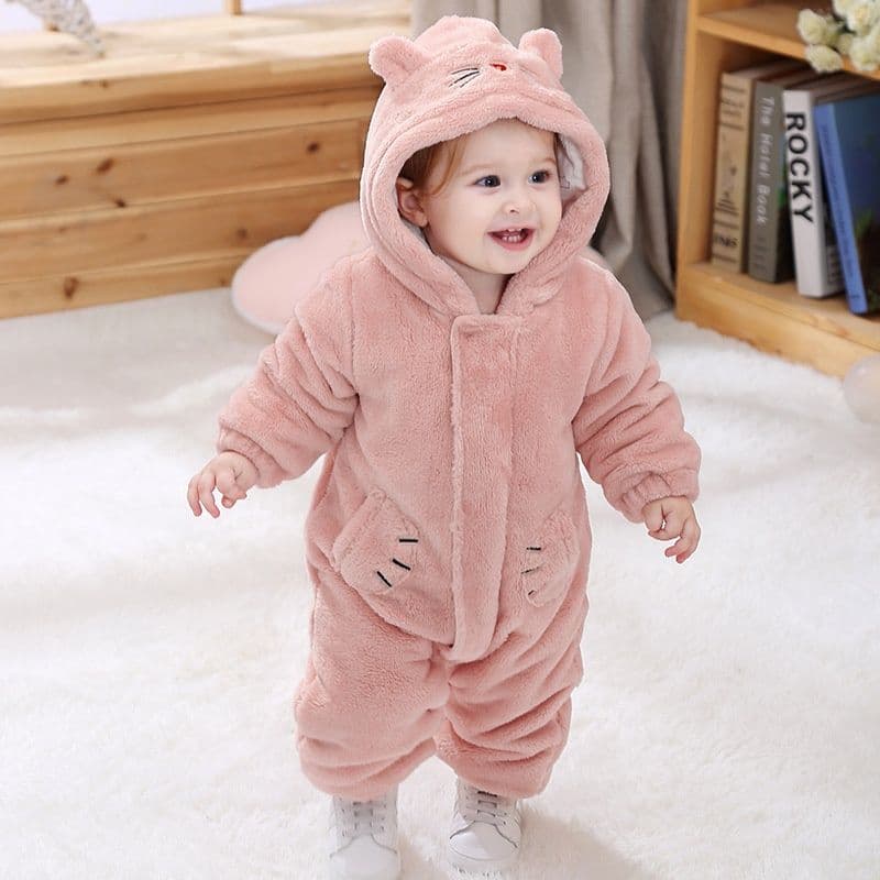 ベビー服 もこもこ動物耳付きフード裏起毛ロンパース