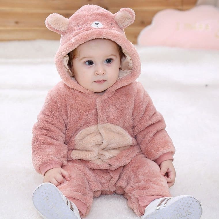 ベビー服 もこもこ動物耳付きフード裏起毛ロンパース