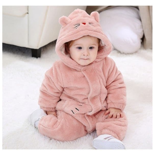 ベビー服 もこもこ動物耳付きフード裏起毛ロンパース