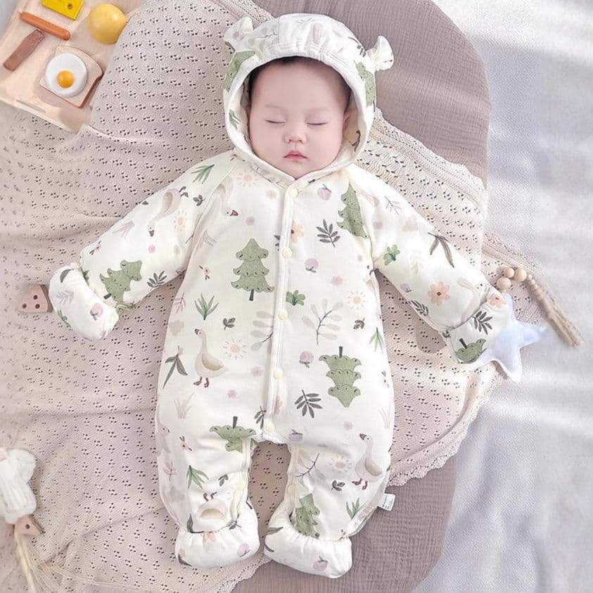 ベビー服 森の仲間たち植物柄フード付き中綿ロンパース