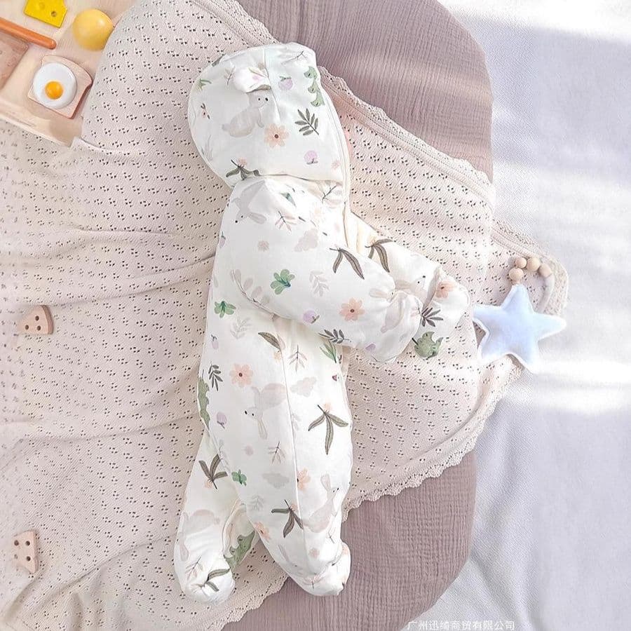 ベビー服 森の仲間たち植物柄フード付き中綿ロンパース
