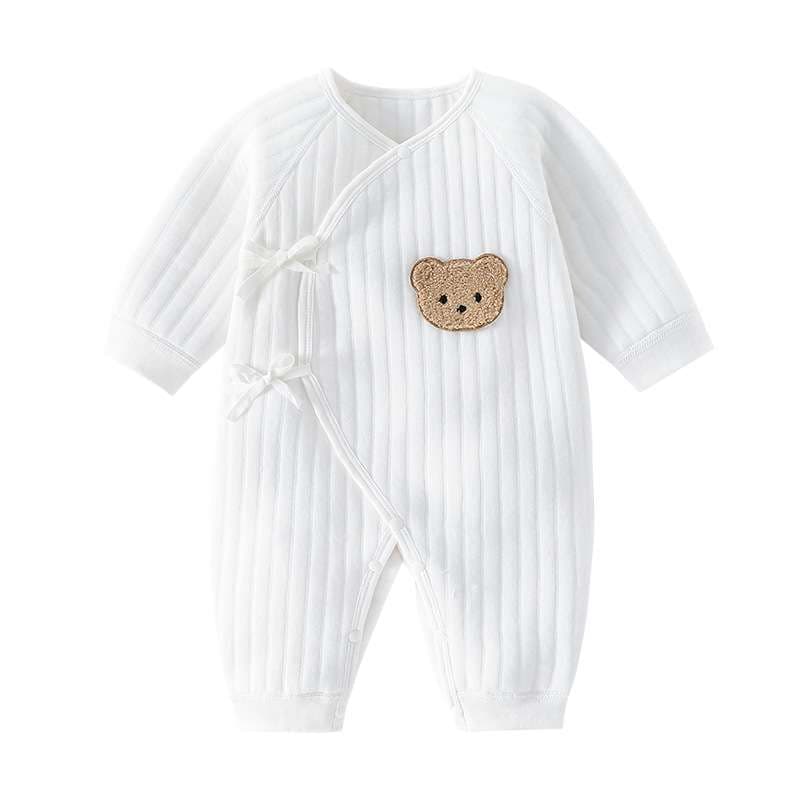 ベビー服  クマさんアップリケ付きリブ赤ちゃんロンパース