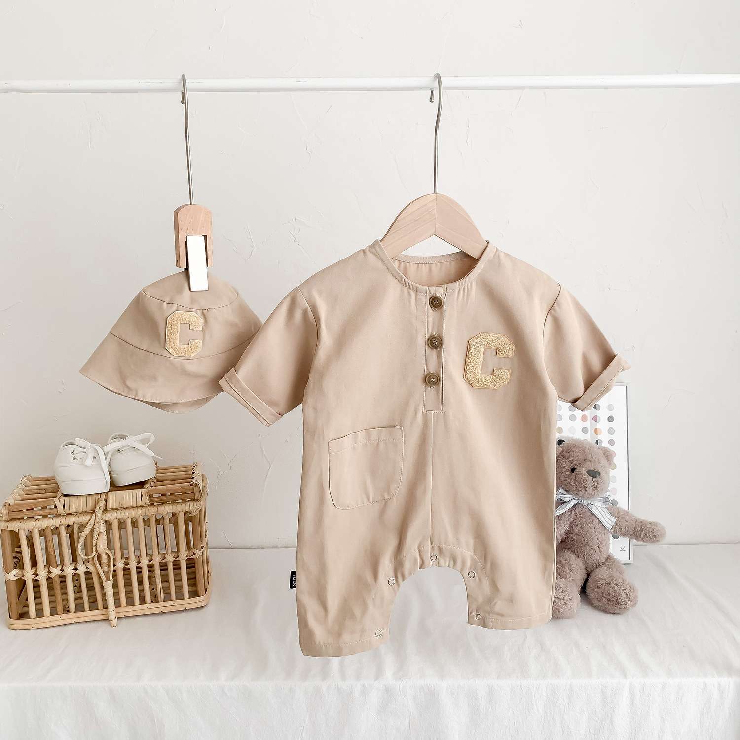 ベビー服  ナチュラルスタイル ベビーロンパース帽子セット
