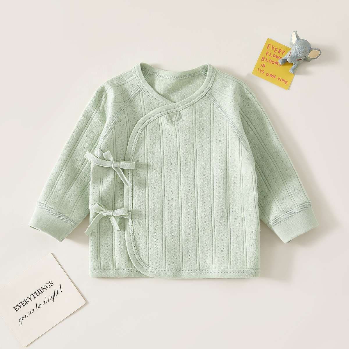 ベビー服  新生児用リボン付き前開きニット肌着