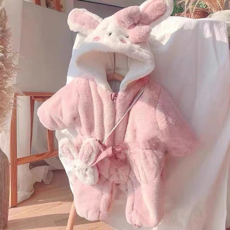 ベビー服 うさぎ耳付きもこもこフード防寒ロンパース