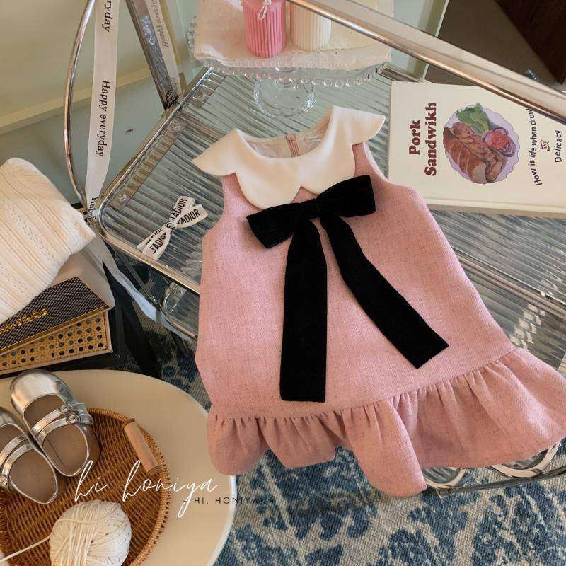 ベビー服  リボン付きフリル袖ワンピース