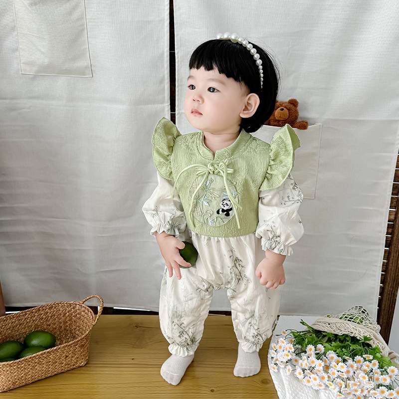ベビー服  パンダ刺繍入り和風ロンパース
