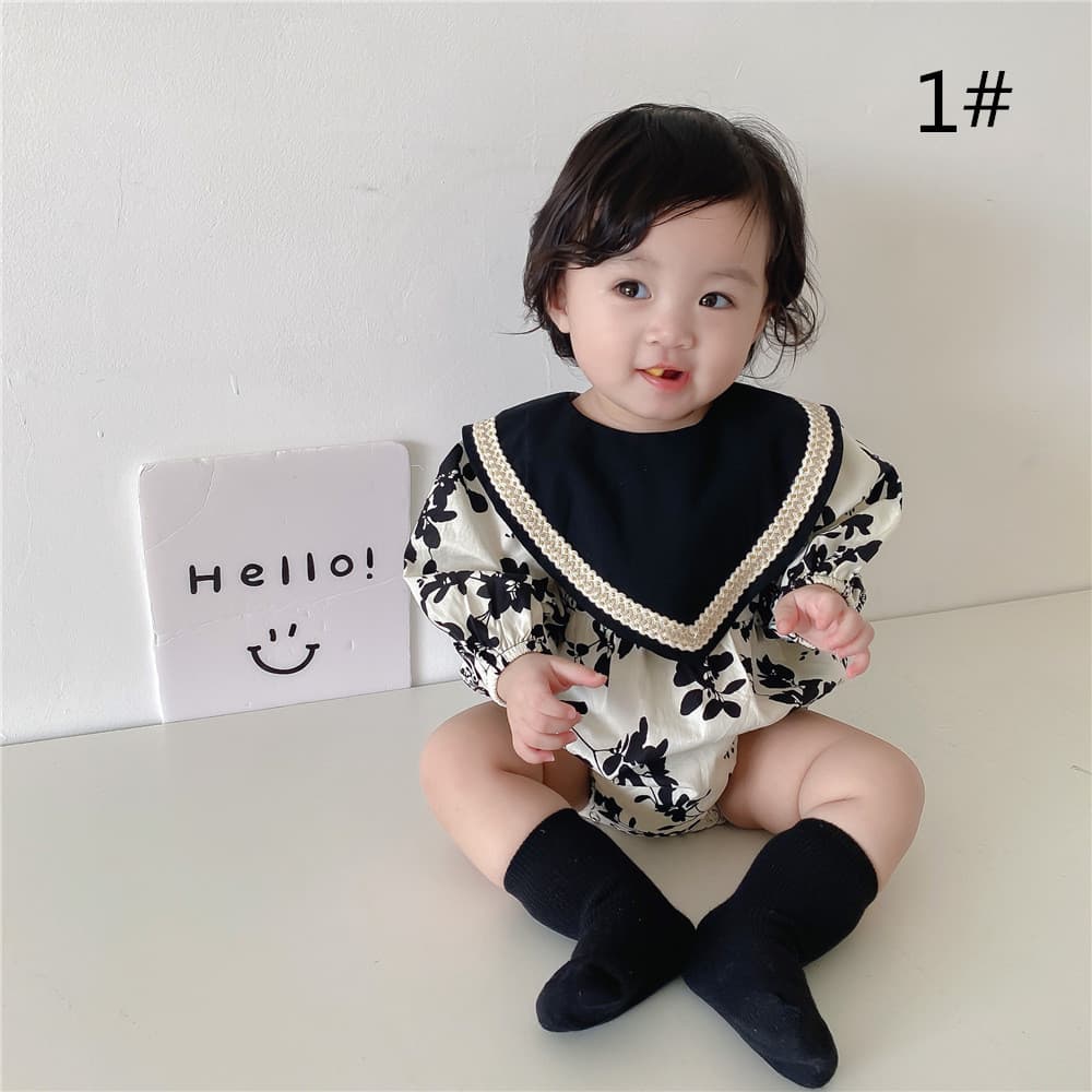 ベビー服 花柄ロンパース 女の子 韓国風 長袖 可愛い襟付き