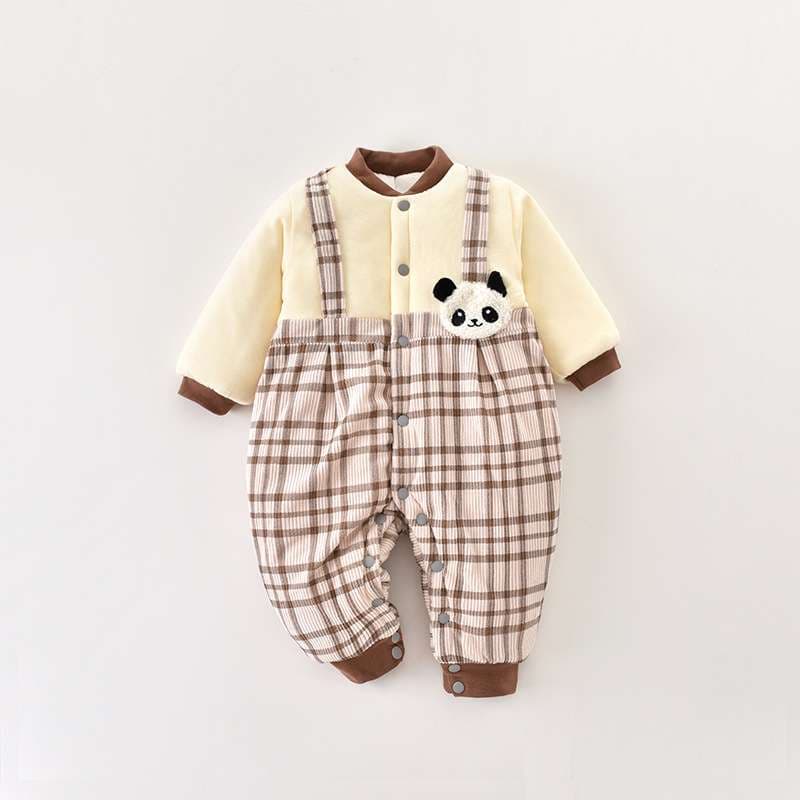 ベビー服  パンダ柄チェックロンパース