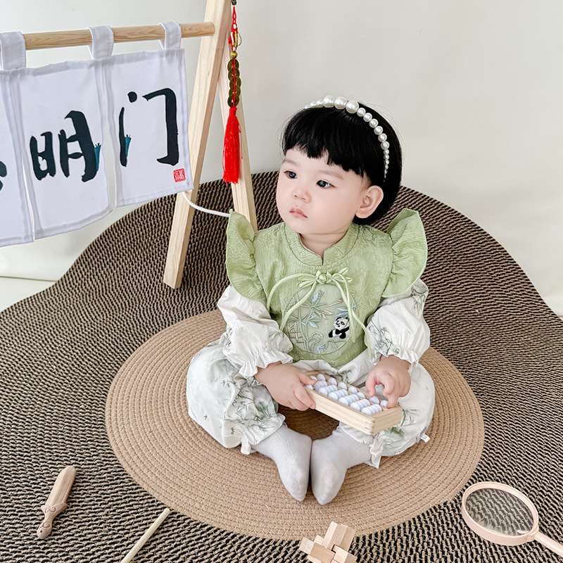 ベビー服  パンダ刺繍入り和風ロンパース