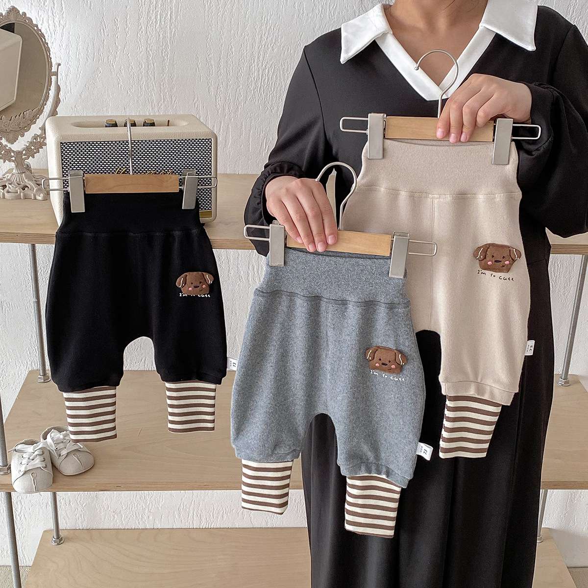 ベビー服  わんちゃん刺繍入りバイカラーパンツ