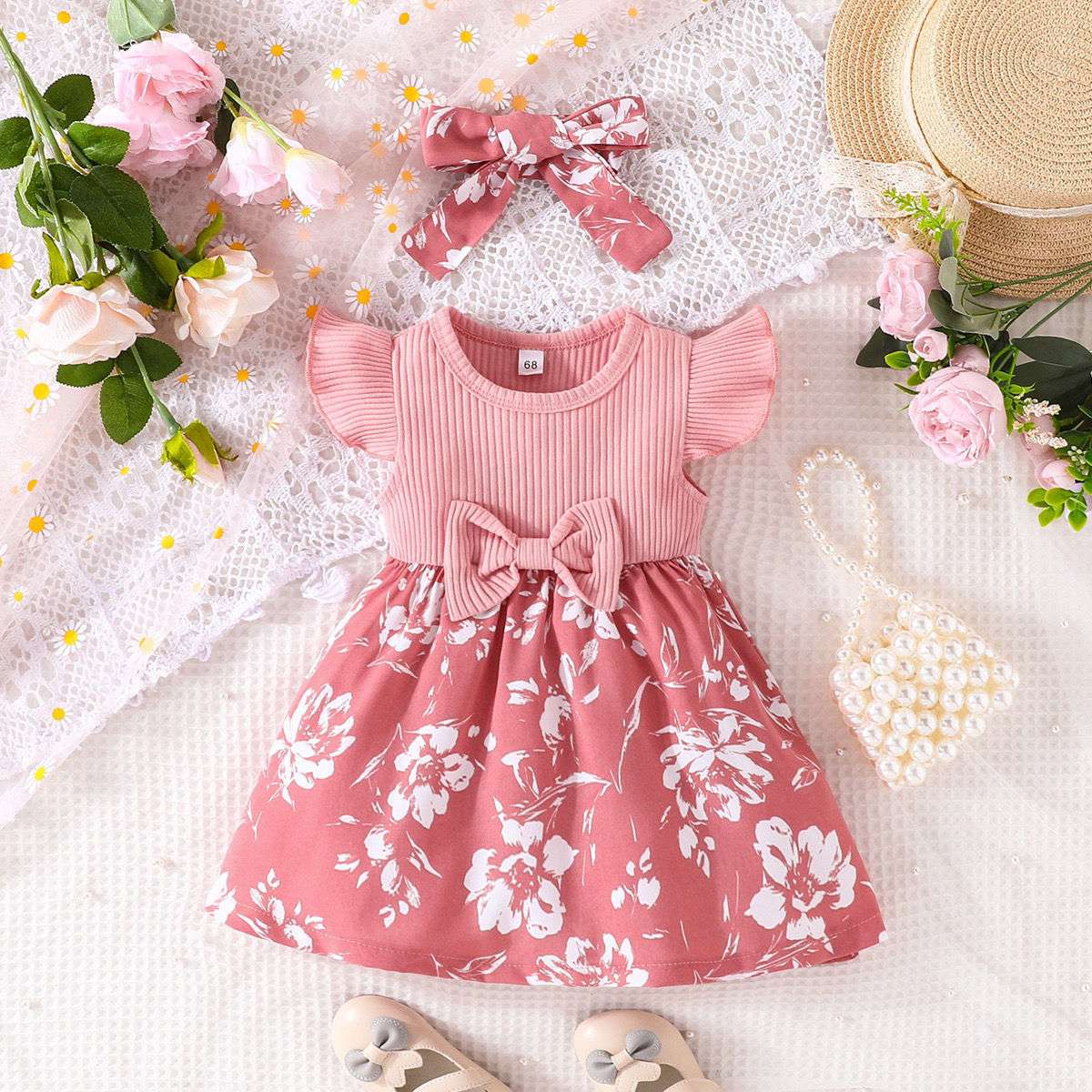 ベビー服  フラワープリント リボン付きベビーワンピース