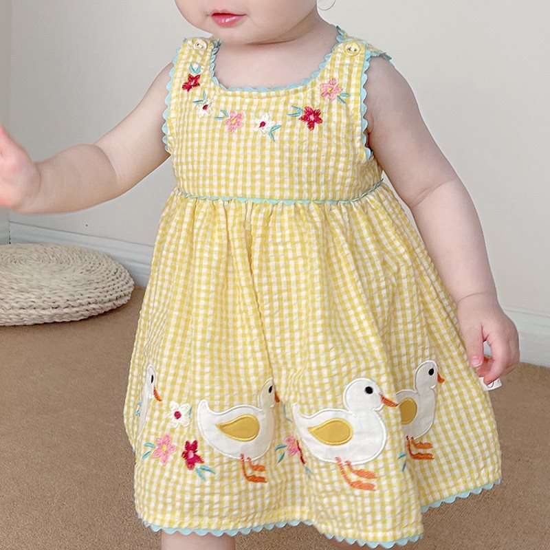 ベビー服  小花柄アヒル刺繍ギンガムチェックワンピース