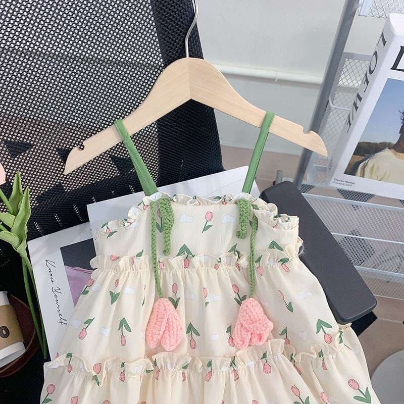 ベビー服  チューリップ柄フリルベビードレス