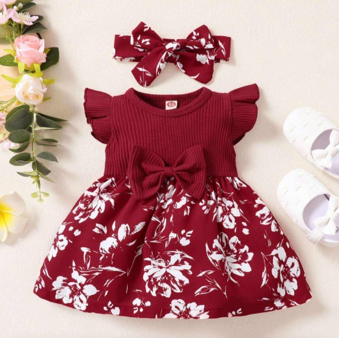 ベビー服  フラワープリント リボン付きベビーワンピース