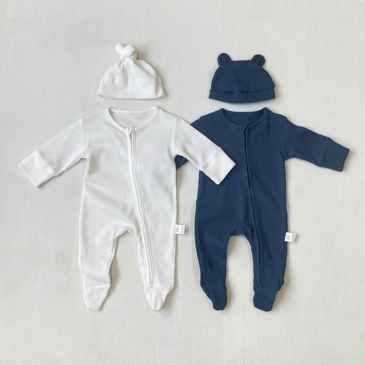 ベビー服新生児 くま耳付きワッフル編みロンパース帽子セット