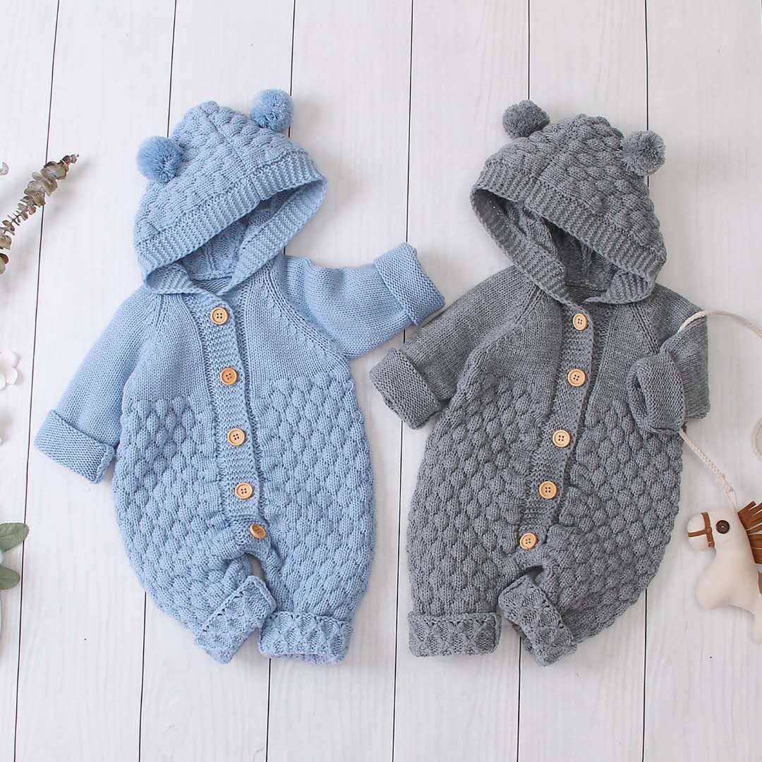 ベビー服  ふわもこ耳付きニットロンパース