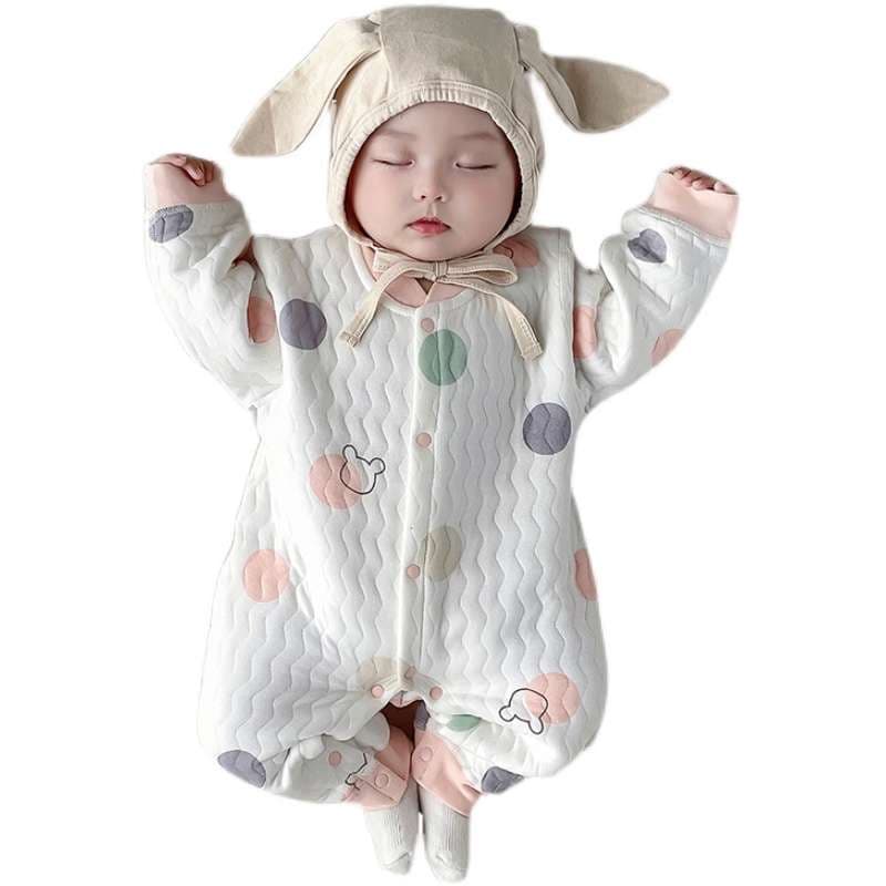 ベビー服  もこもこ動物柄ロンパース うさぎ・くま帽子付き