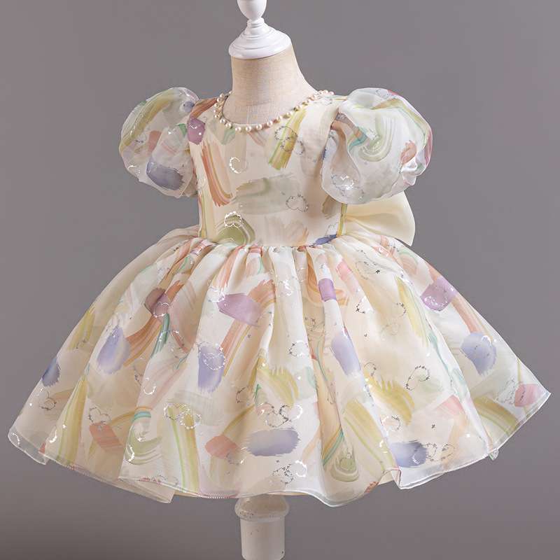 ベビー服  パステル水彩画風パフスリーブベビードレス