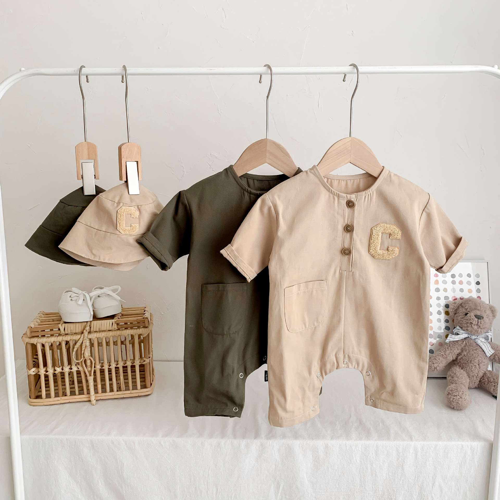 ベビー服  ナチュラルスタイル ベビーロンパース帽子セット