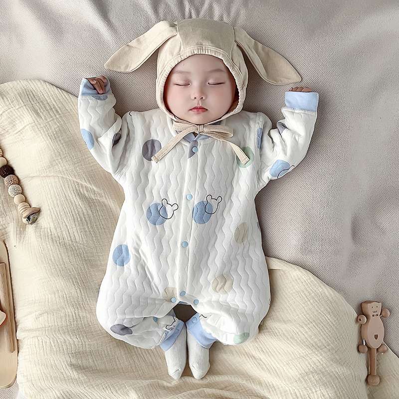 ベビー服  もこもこ動物柄ロンパース うさぎ・くま帽子付き
