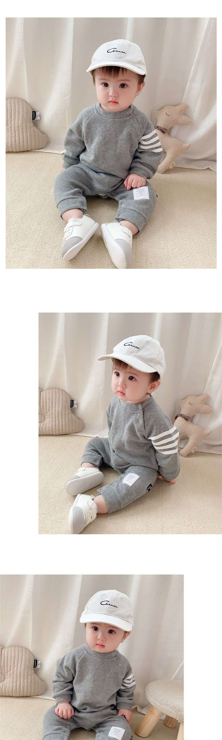 ベビー服  ストライプアクセント付きおしゃれベビーロンパース