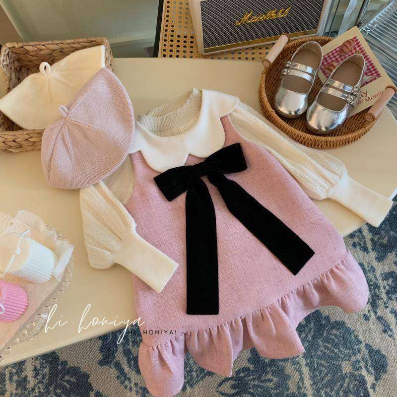ベビー服  リボン付きフリル袖ワンピース