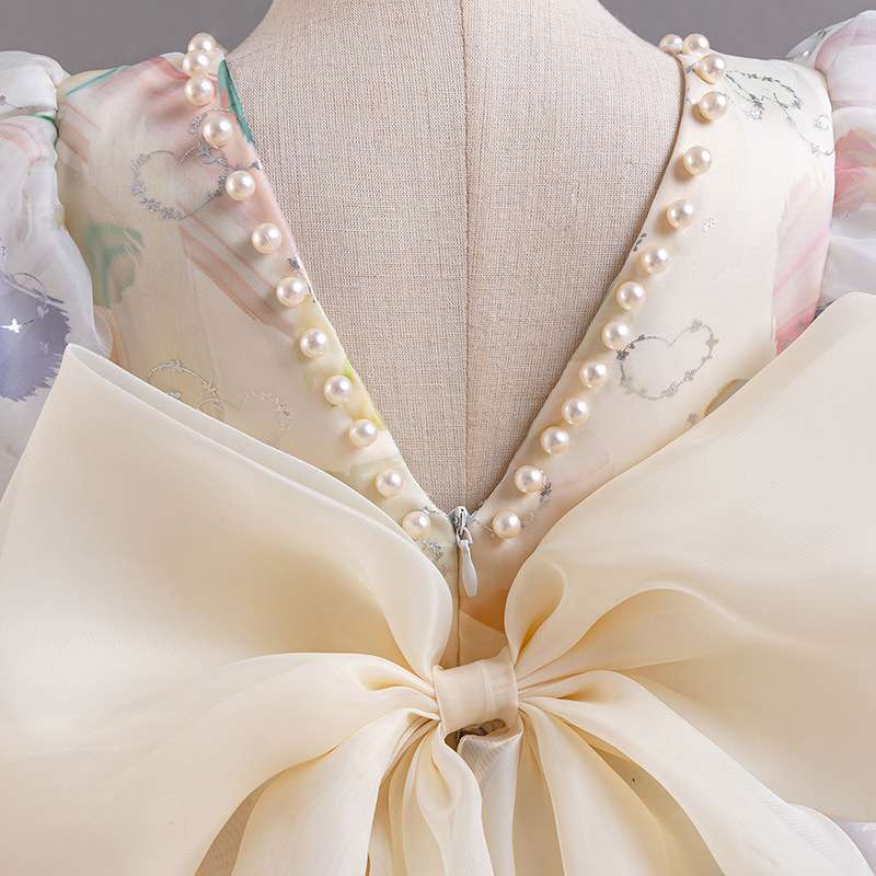 ベビー服  パステル水彩画風パフスリーブベビードレス