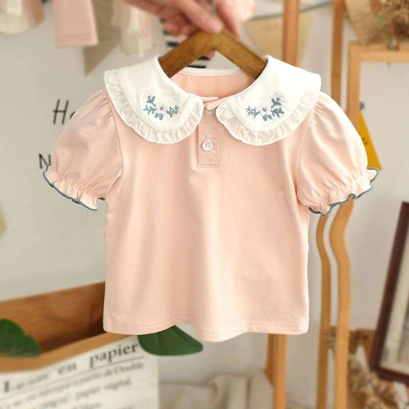 ベビー服  花柄刺繍入りフリル襟半袖シャツ