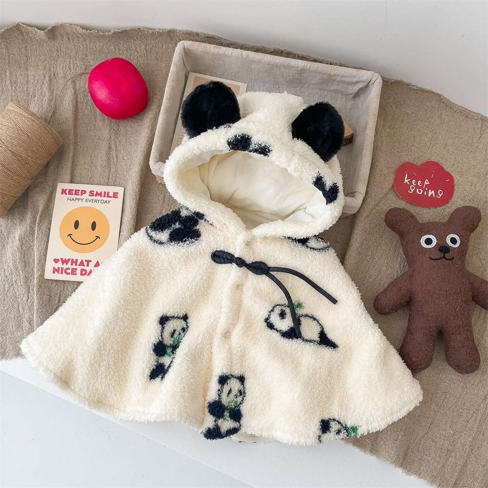 ベビー服  もこもこパンダ柄フード付きポンチョ