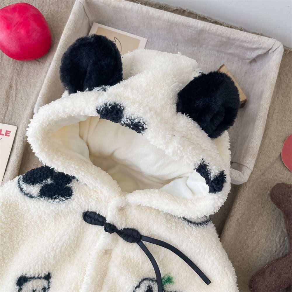 ベビー服  もこもこパンダ柄フード付きポンチョ