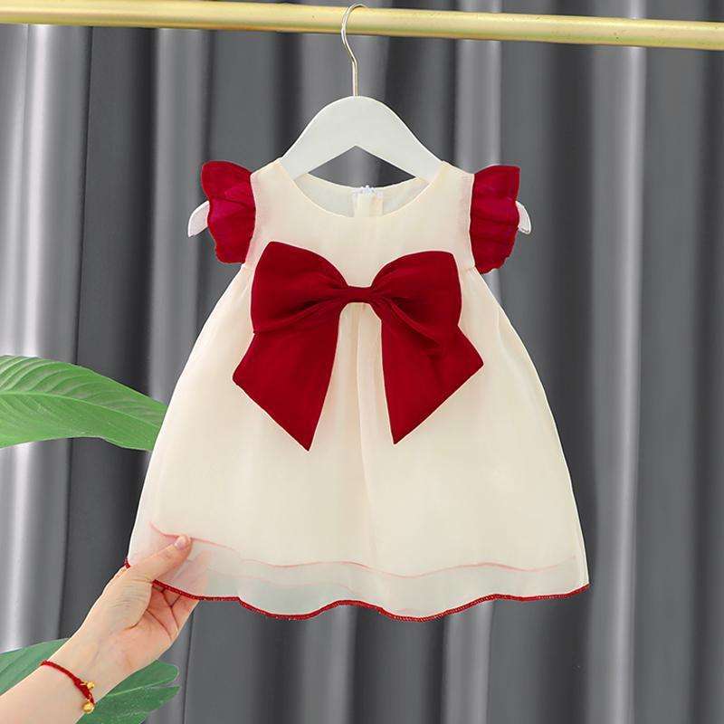 ベビー服  リボン付きフリル袖ベビーワンピース