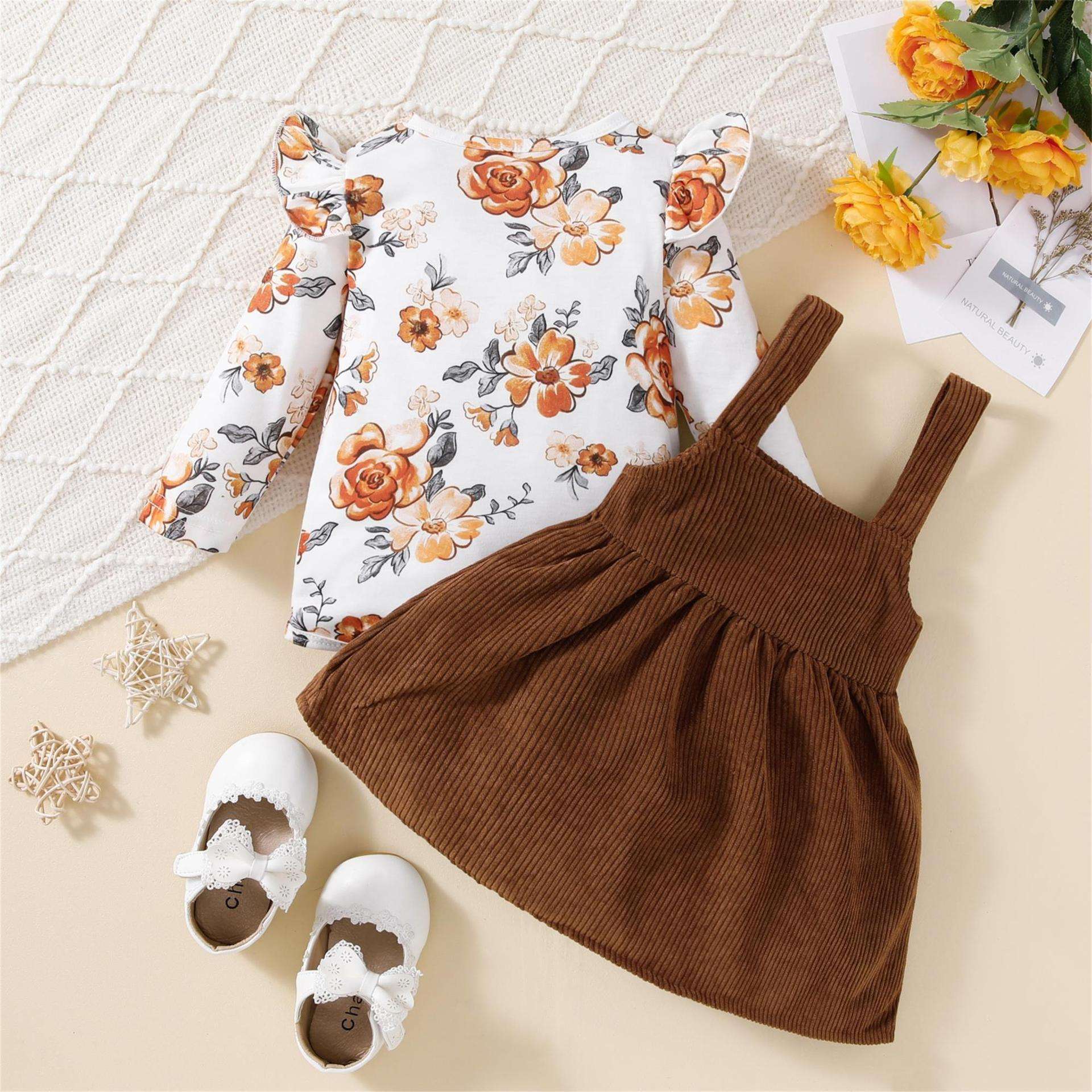 ベビー服  花柄ロンパース＆コーデュロイジャンパースカート