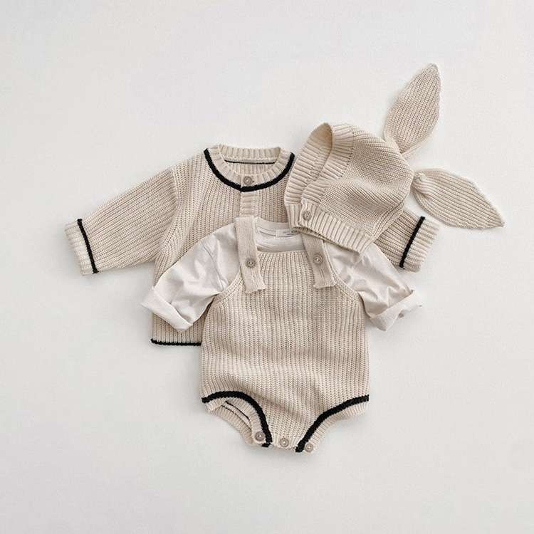ベビー服 うさ耳付きニットロンパースセット