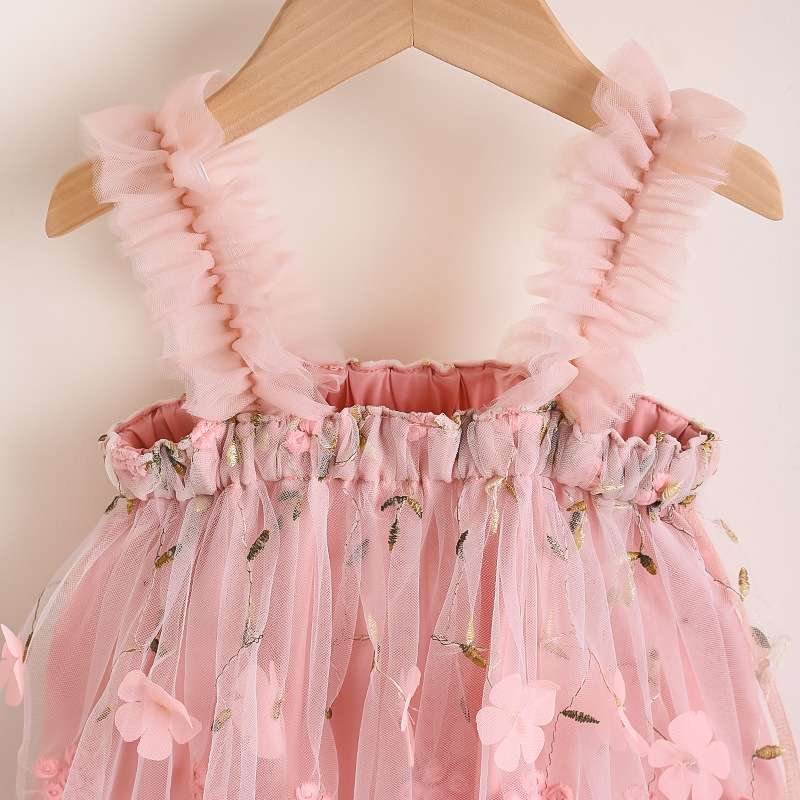 ベビー服  ふわふわチュールの花柄ベビードレス