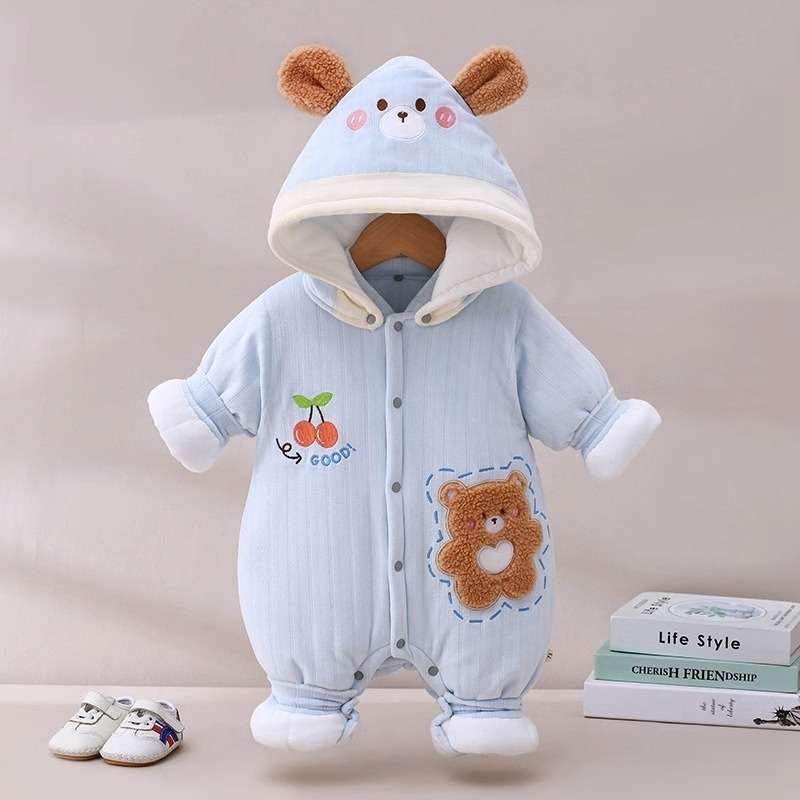ベビー服  動物キャラクター付きあったかベビーロンパース