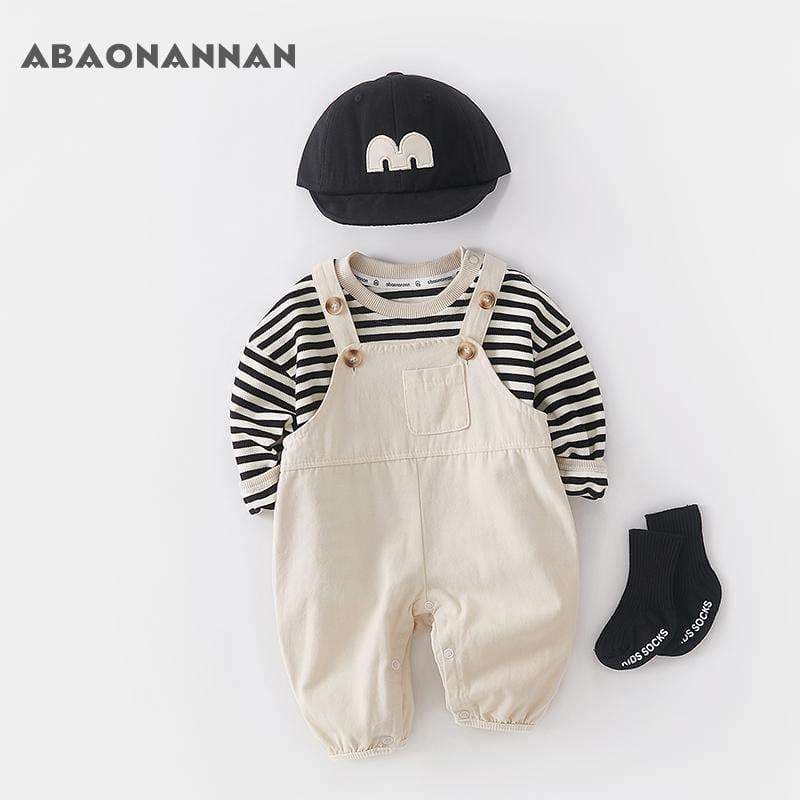 ベビー服  ストライプ柄トップス付きオーバーオール