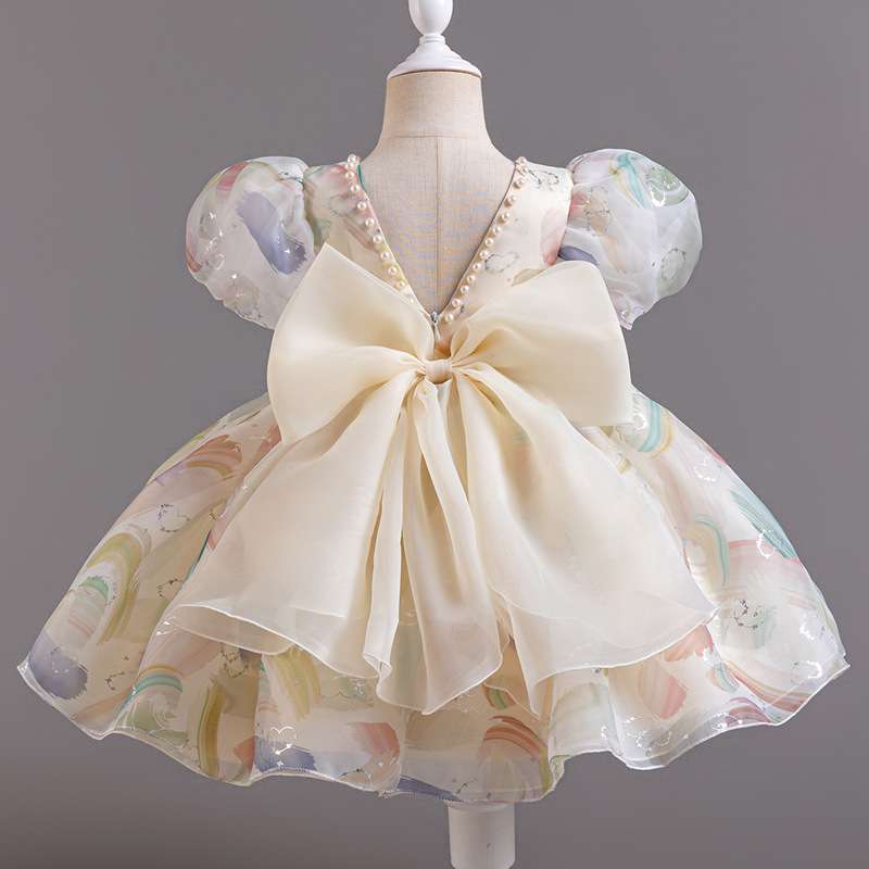 ベビー服  パステル水彩画風パフスリーブベビードレス