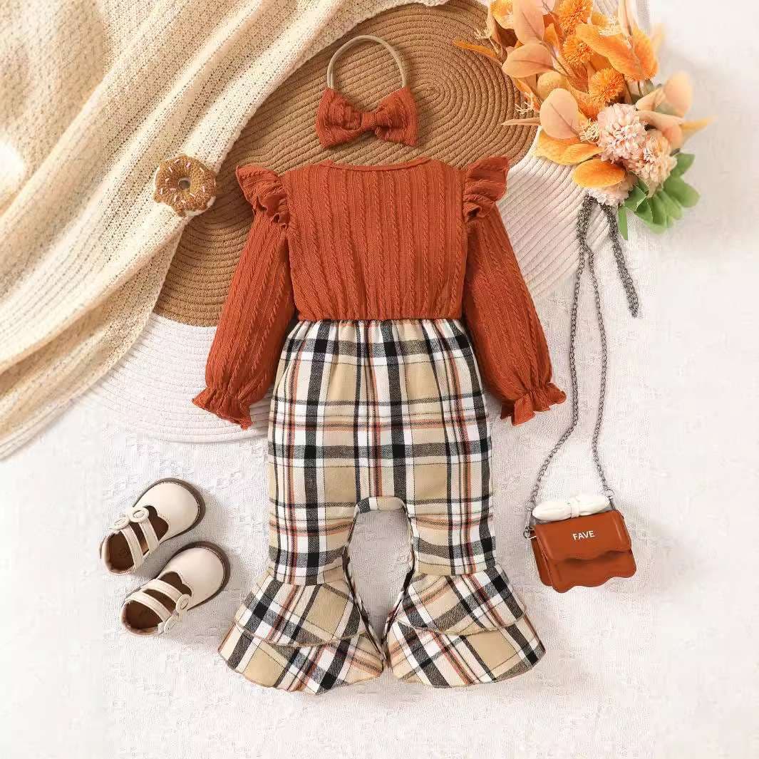 ベビー服  秋冬向けチェック柄リボン付きロンパース