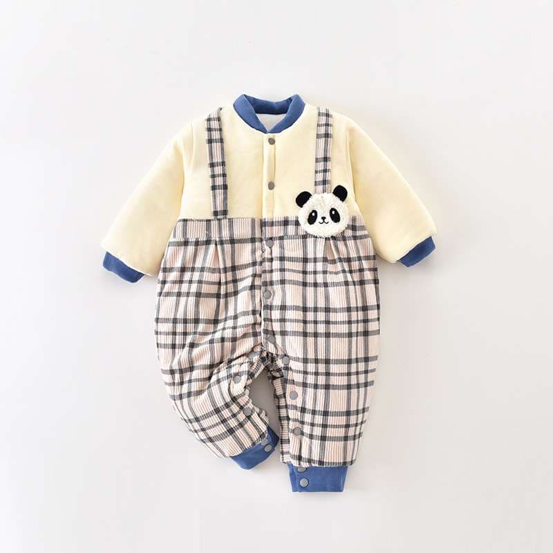 ベビー服  パンダ柄チェックロンパース