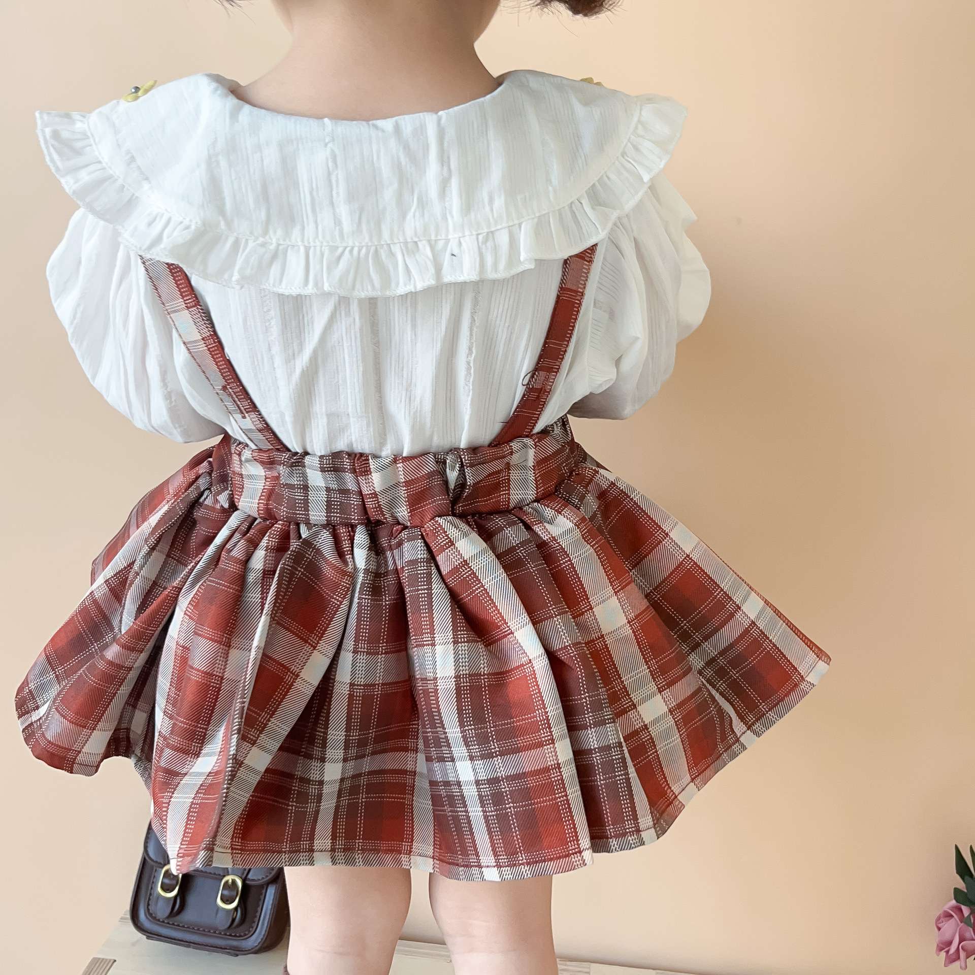 ベビー服  フリル襟チェック柄ワンピース