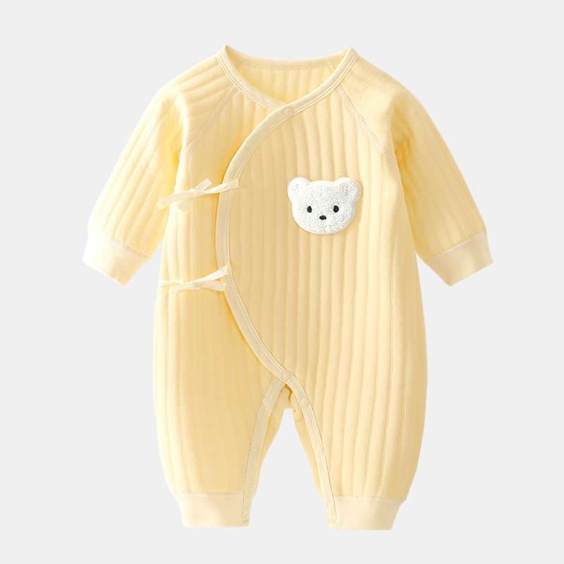 ベビー服  クマさんアップリケ付きリブ赤ちゃんロンパース